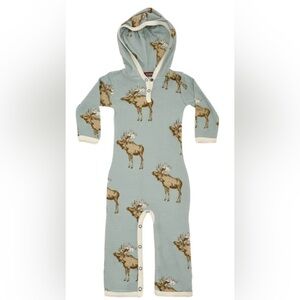 NWT Milkbarn Bamboo Hooded Romper Snap Close Long Sleeve Moose Print 12-18 mo